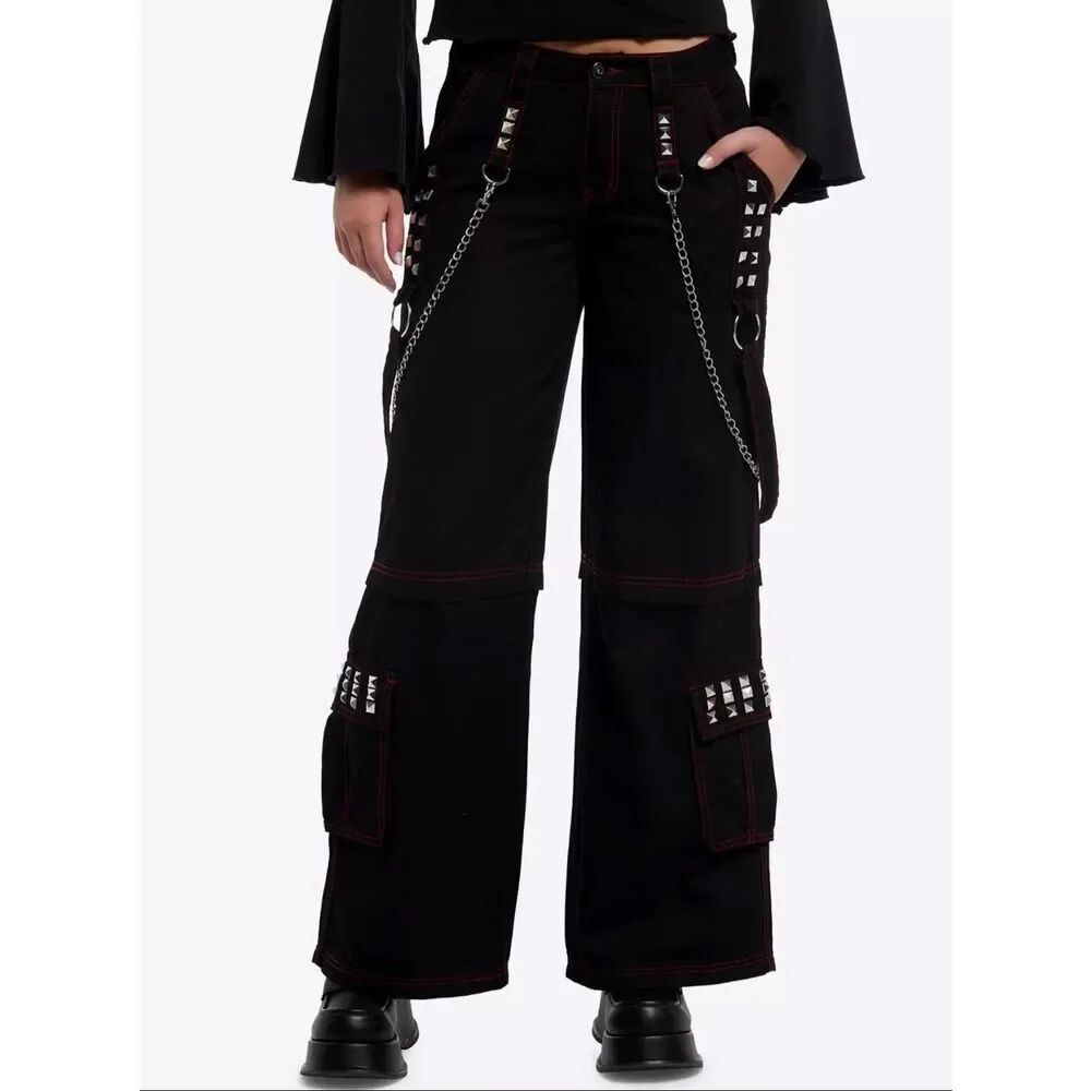 Hot Topic Black & Red Stitch Stud Chain Strap Cargo Pants Size 1/28 Nwt